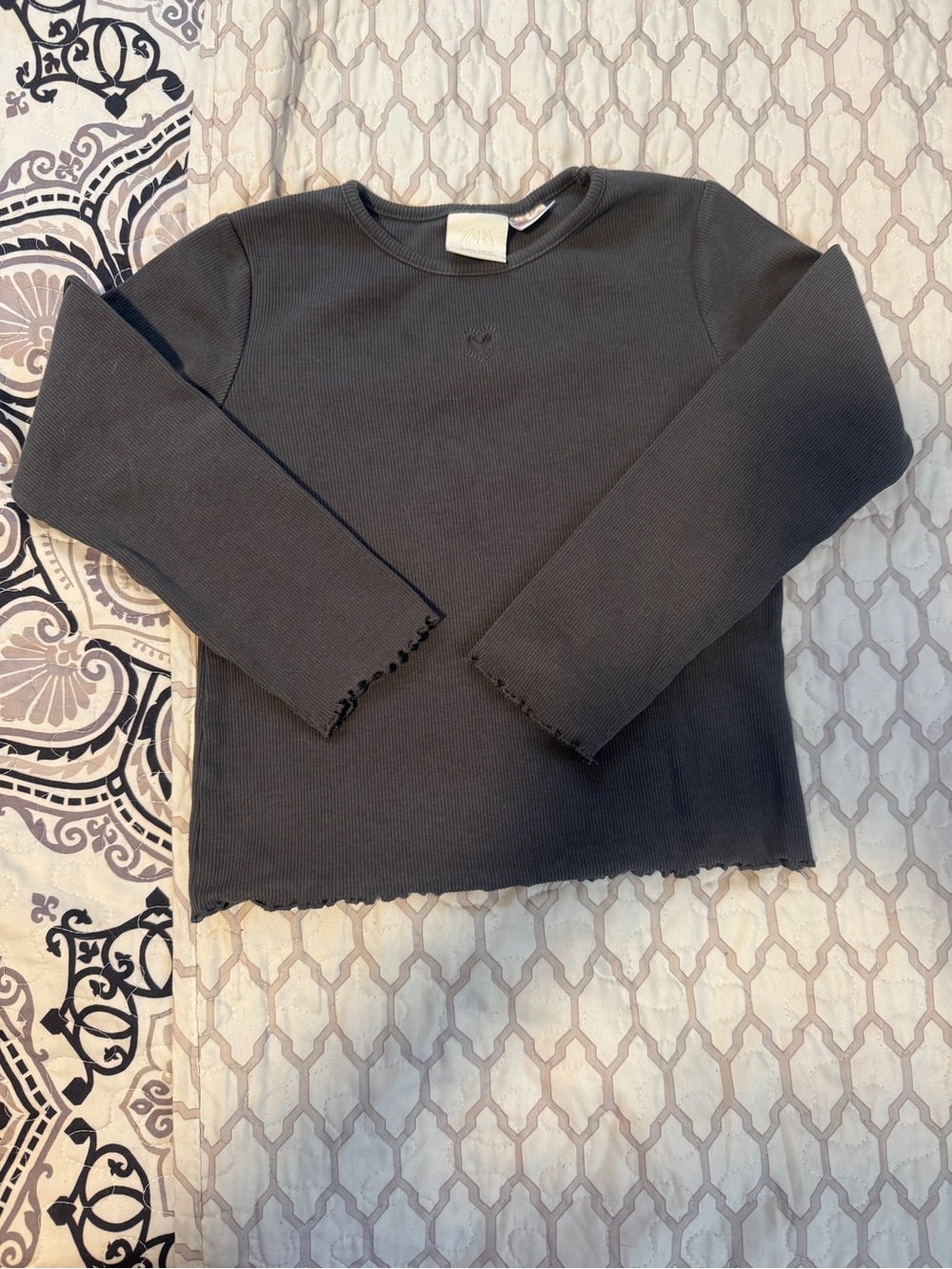 Zara Girls' Gray Ribbed Long-Sleeve Top l